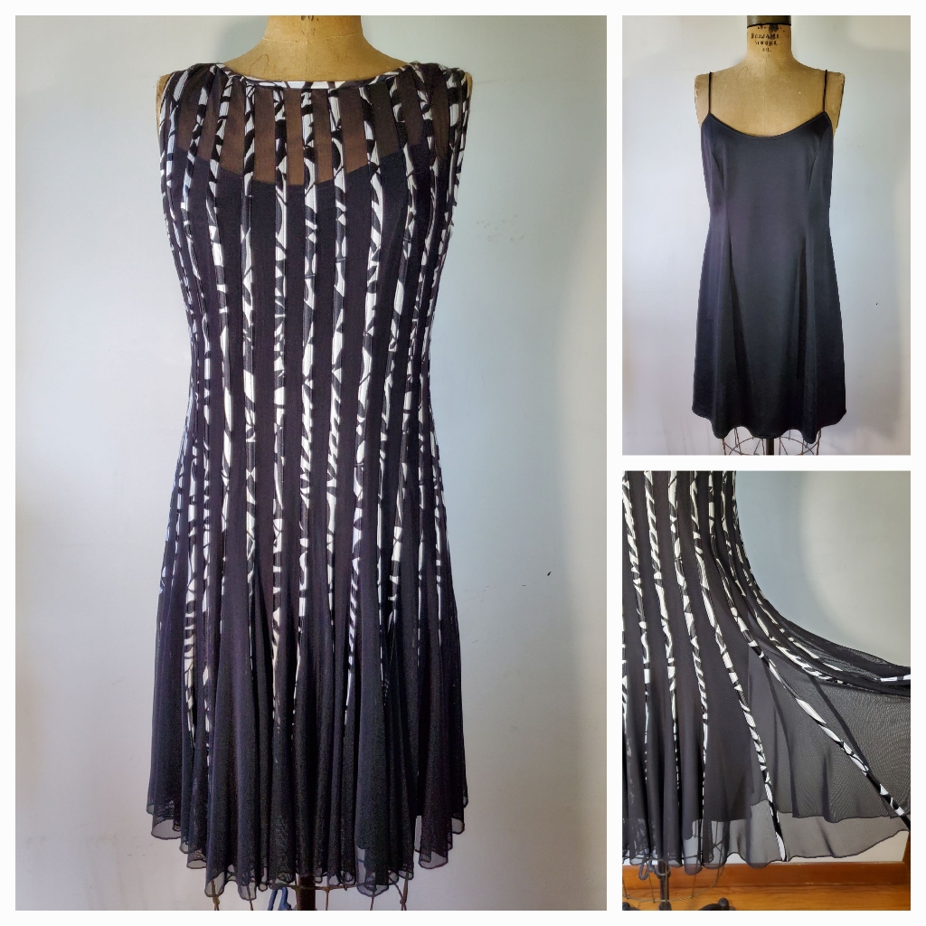 Xscape Size 14/Xl Dress Black White Floral Stripe Sleeveless Cocktail Fit Flare